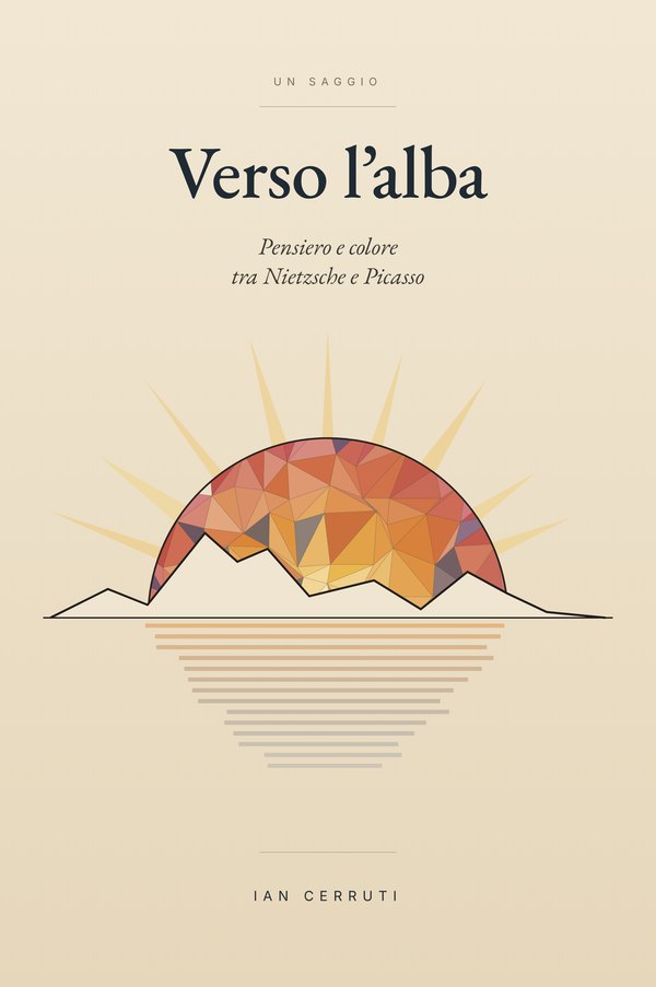 Copertina di Verso l’alba di Ian Cerruti: un sole sfaccettato che sorge dietro un crinale di montagne disegnato a inchiostro